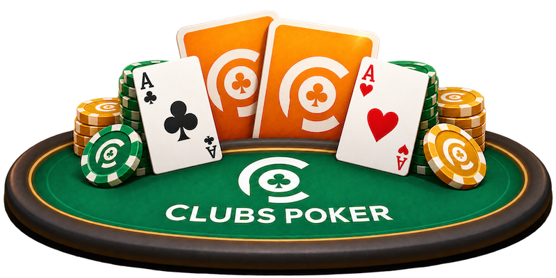 Clubs Poker branded cards and chips on a green poker table